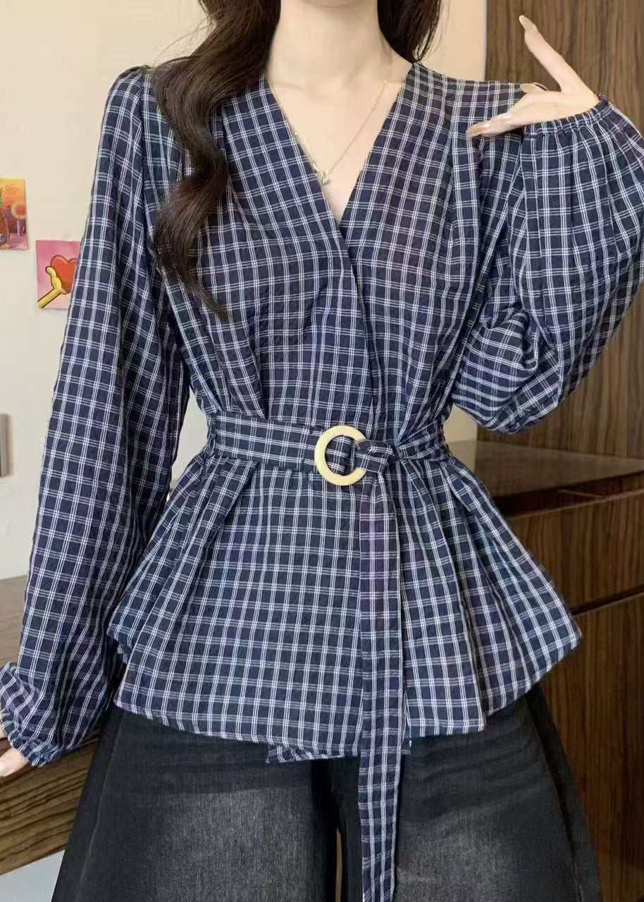 Style Blue V Neck Plaid Lace Up Cotton Shirts Fall