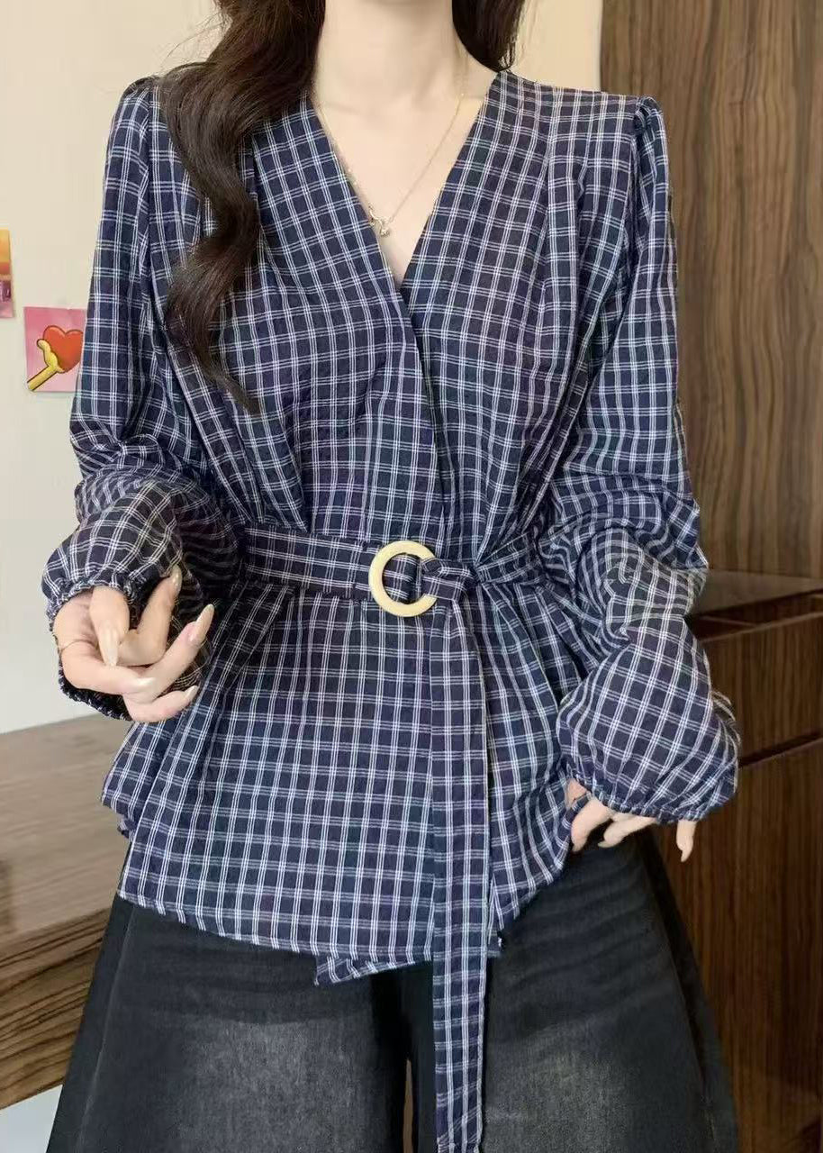 Style Blue V Neck Plaid Lace Up Cotton Shirts Fall