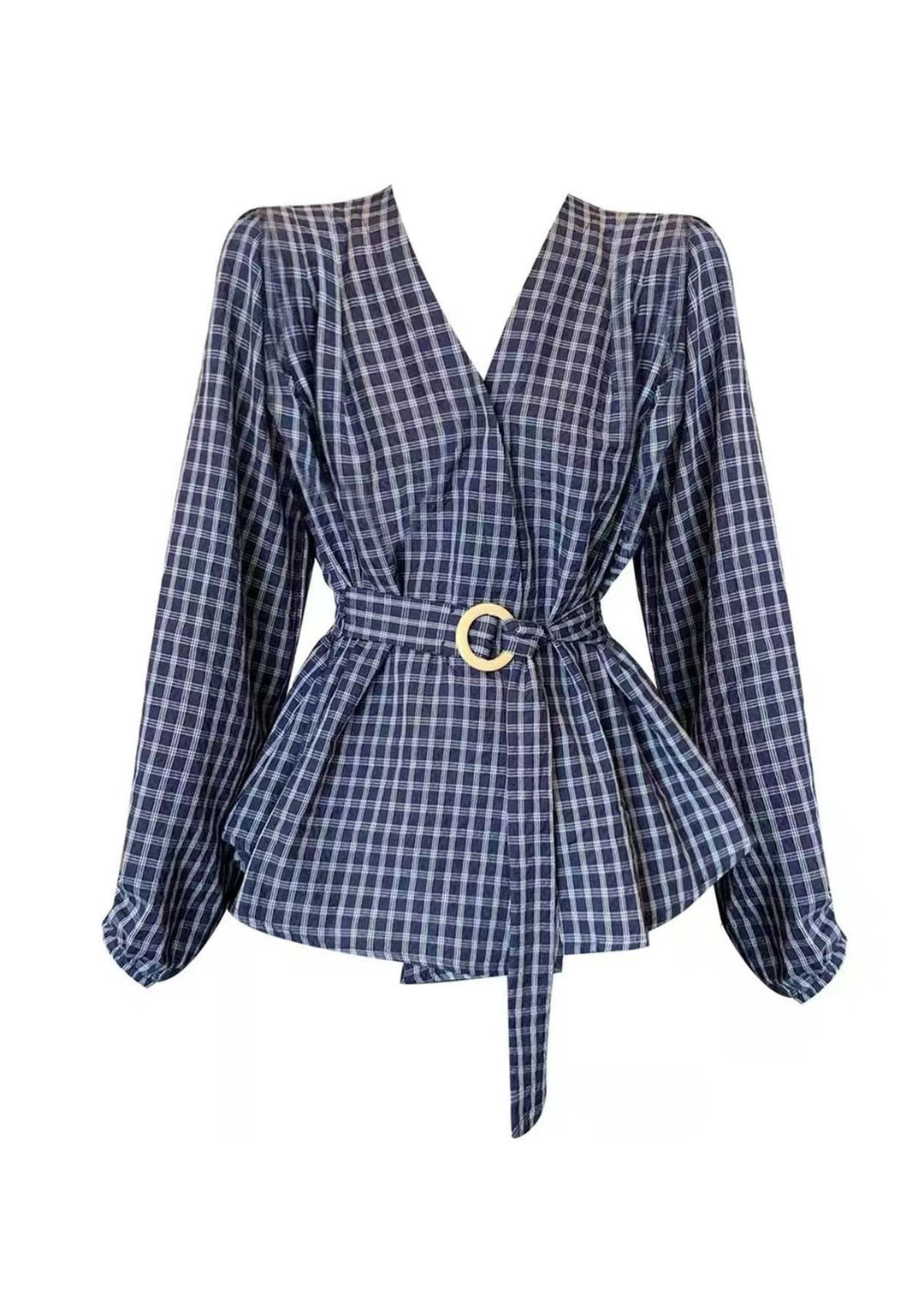Style Blue V Neck Plaid Lace Up Cotton Shirts Fall