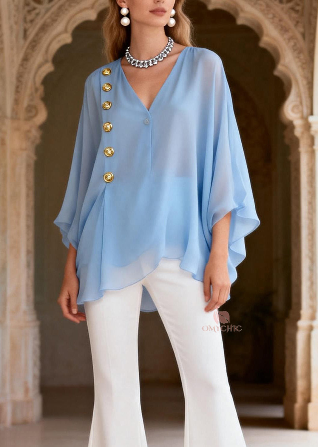 Style Blue V Neck Top And White Pants Silk Women Sets 2 Pieces Summer