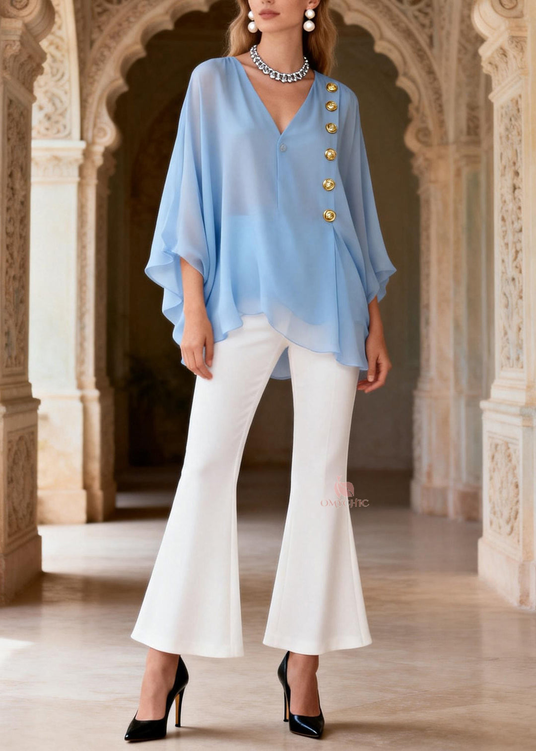 Style Blue V Neck Top And White Pants Silk Women Sets 2 Pieces Summer