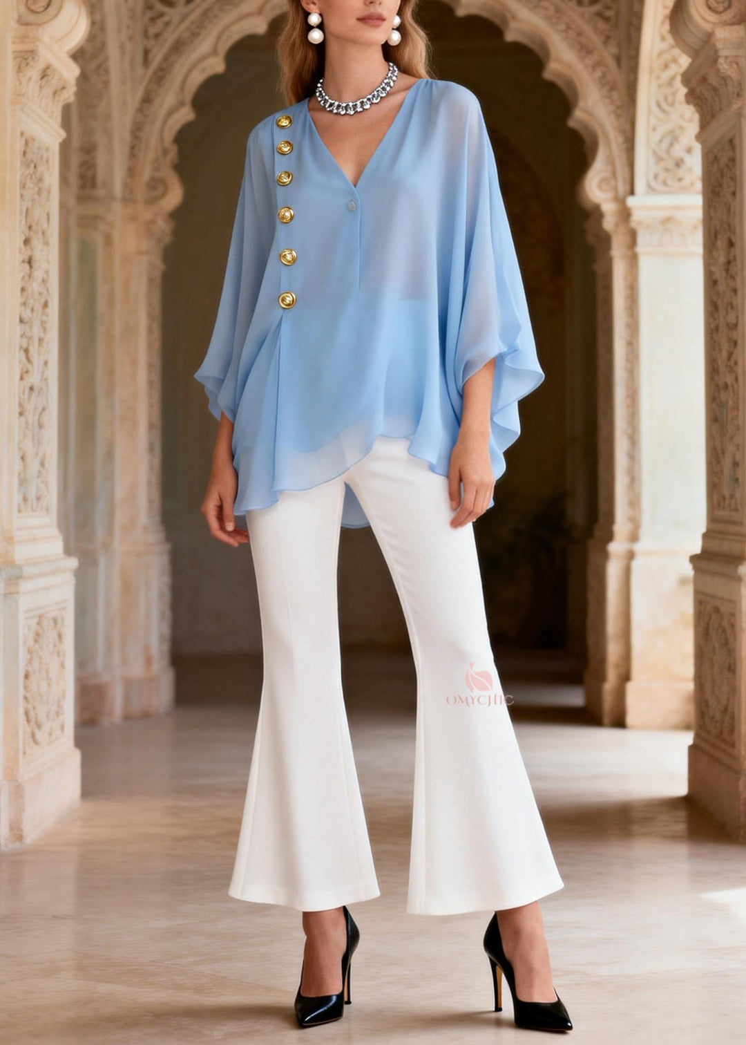 Style Blue V Neck Top And White Pants Silk Women Sets 2 Pieces Summer