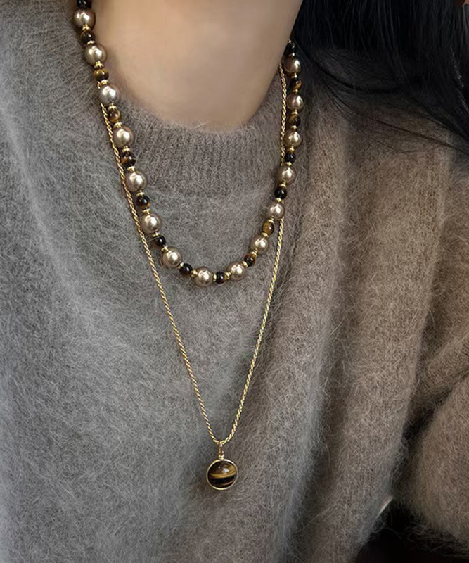 Style Brown Alloy Tiger Eye Stone Two Piece Set Pendant Necklace