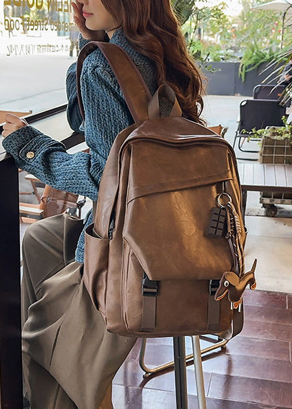 Style Brown Large Capacity Solid Durable Faux Leather Backpack Bag