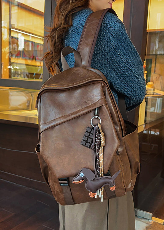 Style Brown Large Capacity Solid Durable Faux Leather Backpack Bag