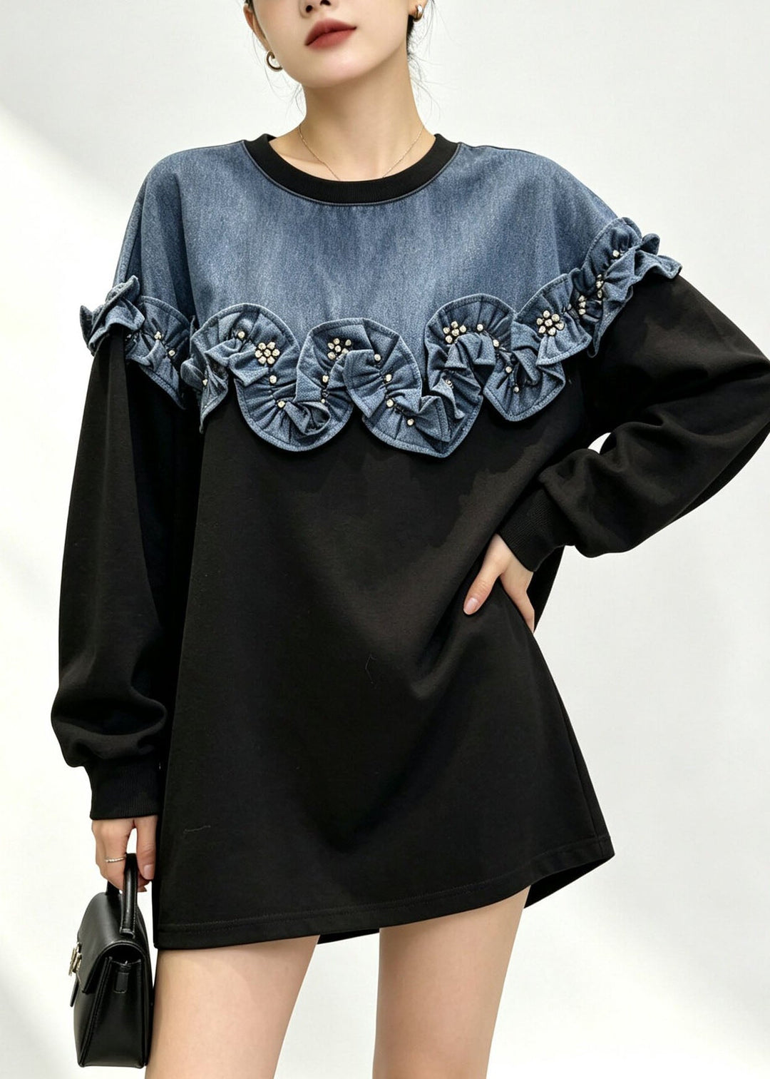 Style Brown O Neck Denim Ruffled Patchwork Cotton T Shirt Fall