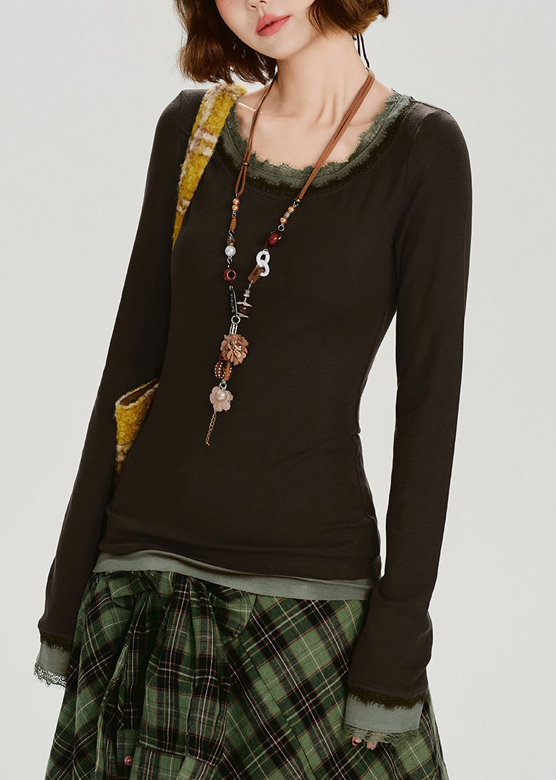 Style Brown O-Neck Patchwork Cotton Fake Two Piece Tops Spring