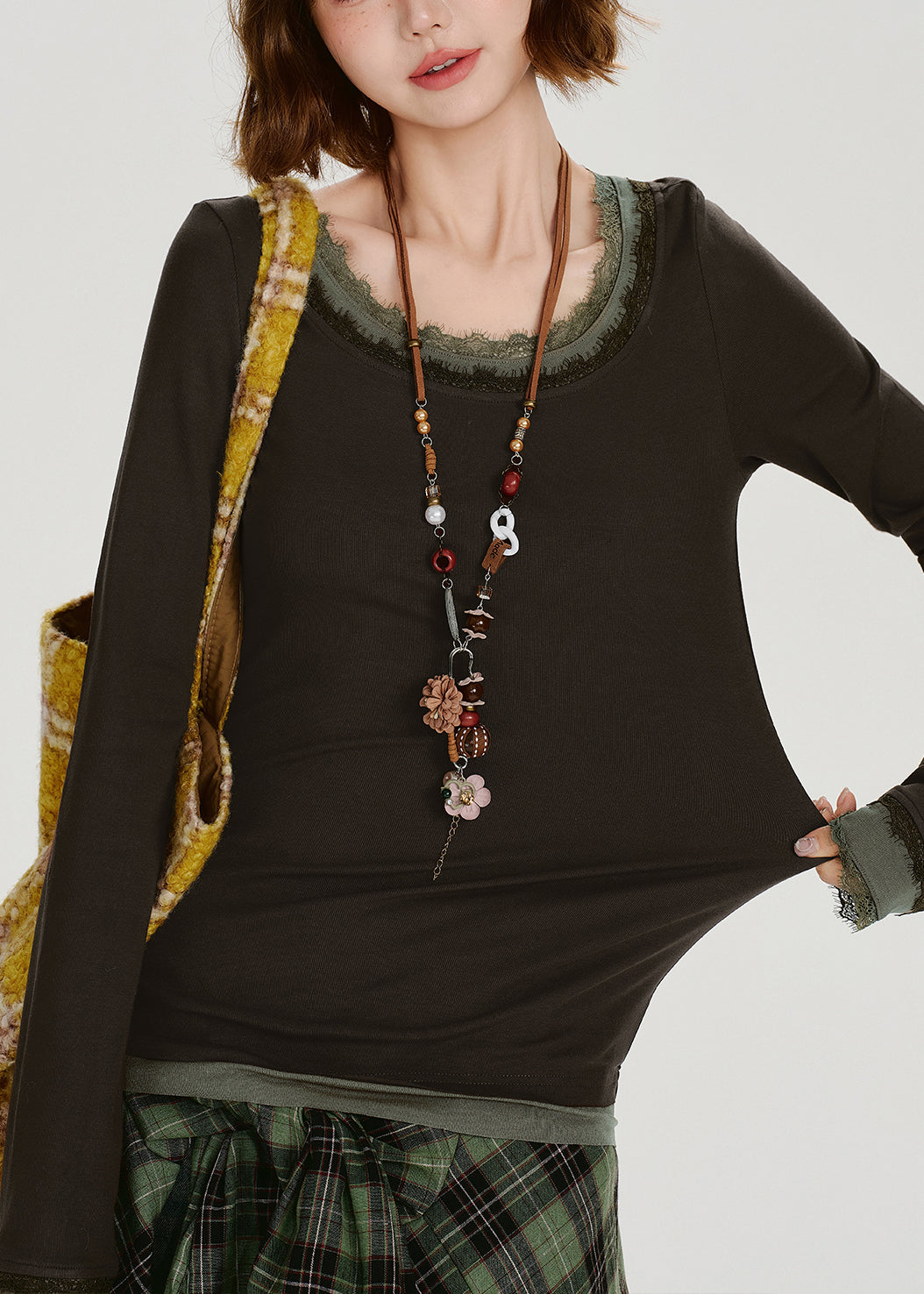 Style Brown O-Neck Patchwork Cotton Fake Two Piece Tops Spring