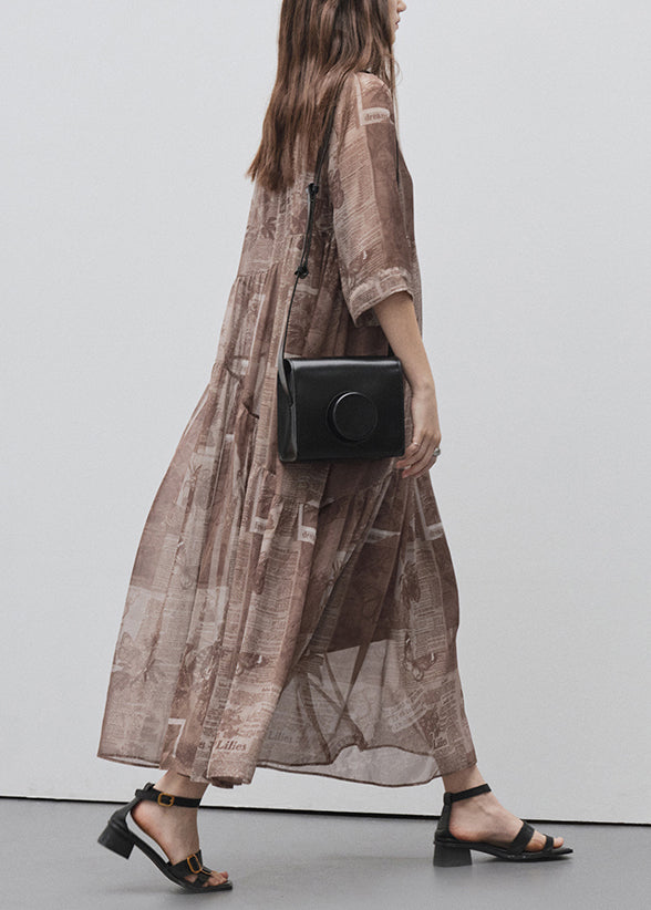 Style Brown O Neck Print Patchwork Silk Long Dress Summer