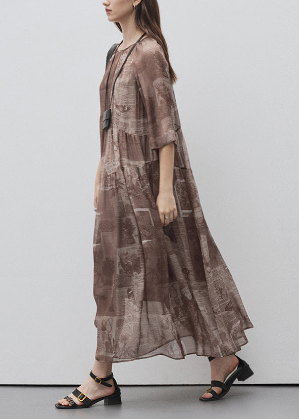 Style Brown O Neck Print Patchwork Silk Long Dress Summer