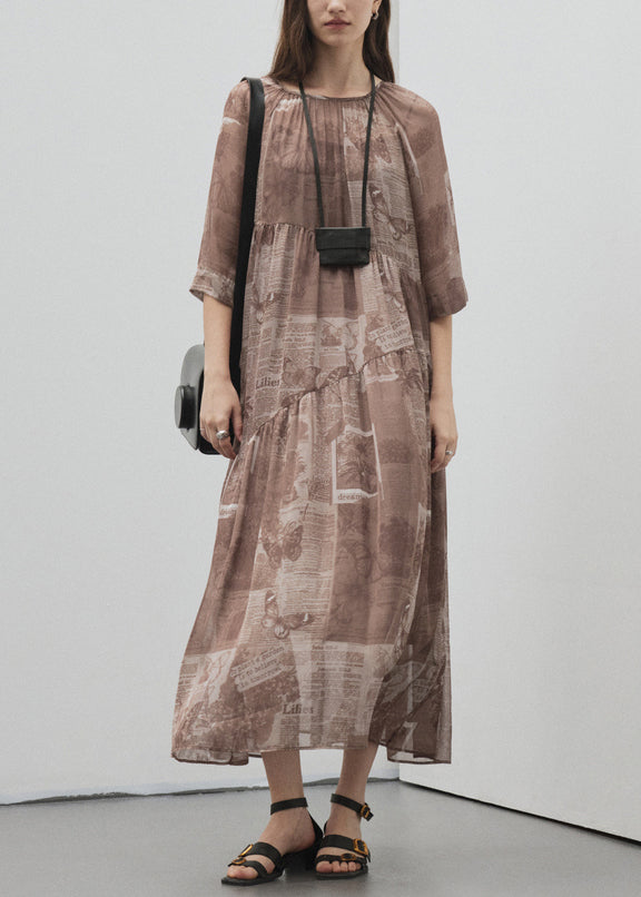 Style Brown O Neck Print Patchwork Silk Long Dress Summer