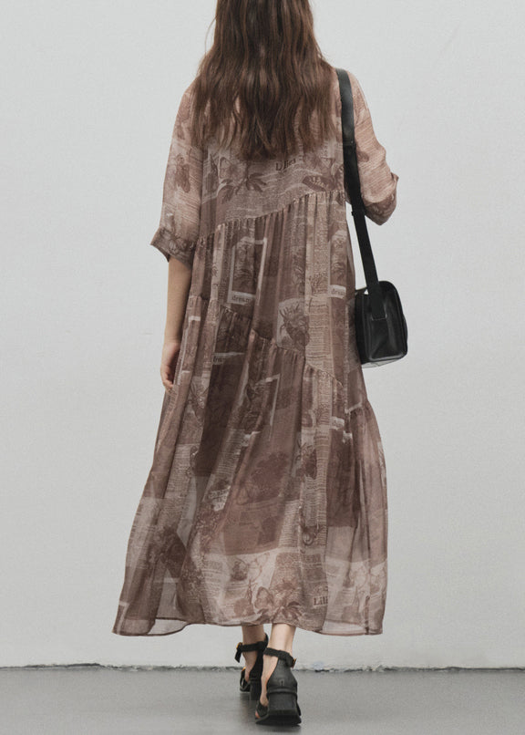 Style Brown O Neck Print Patchwork Silk Long Dress Summer