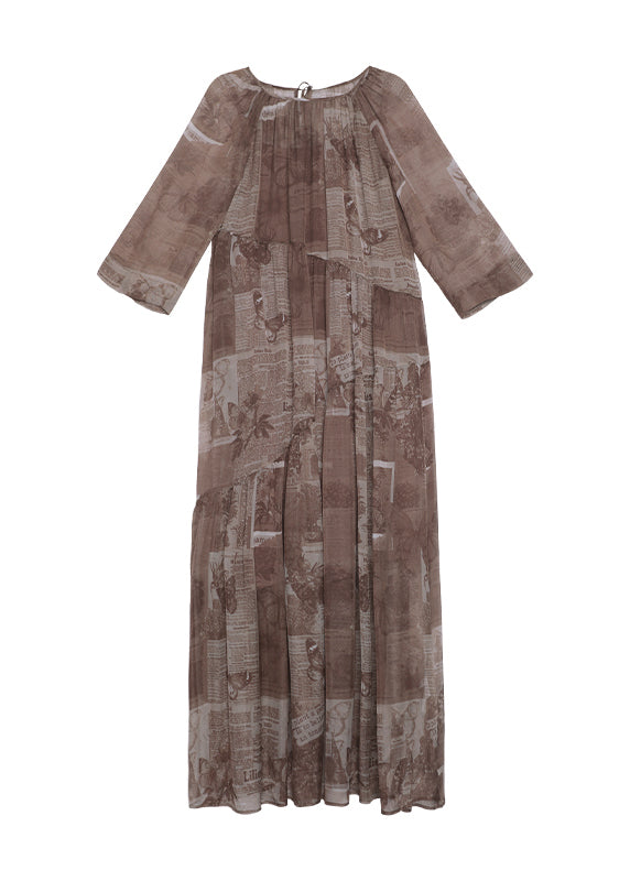 Style Brown O Neck Print Patchwork Silk Long Dress Summer
