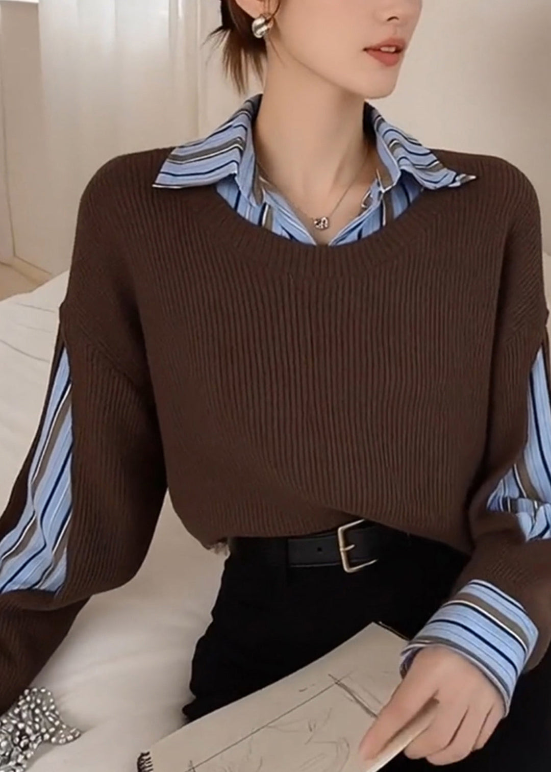 Style Brown Peter Pan Collar Patchwork Knit Fake Two Piece Shirts Winter