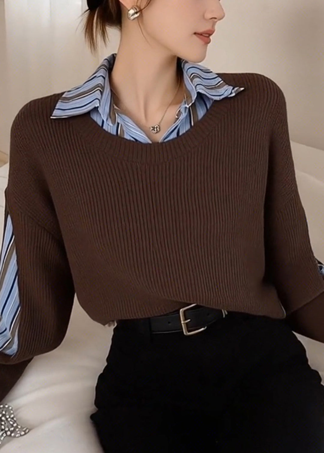 Style Brown Peter Pan Collar Patchwork Knit Fake Two Piece Shirts Winter