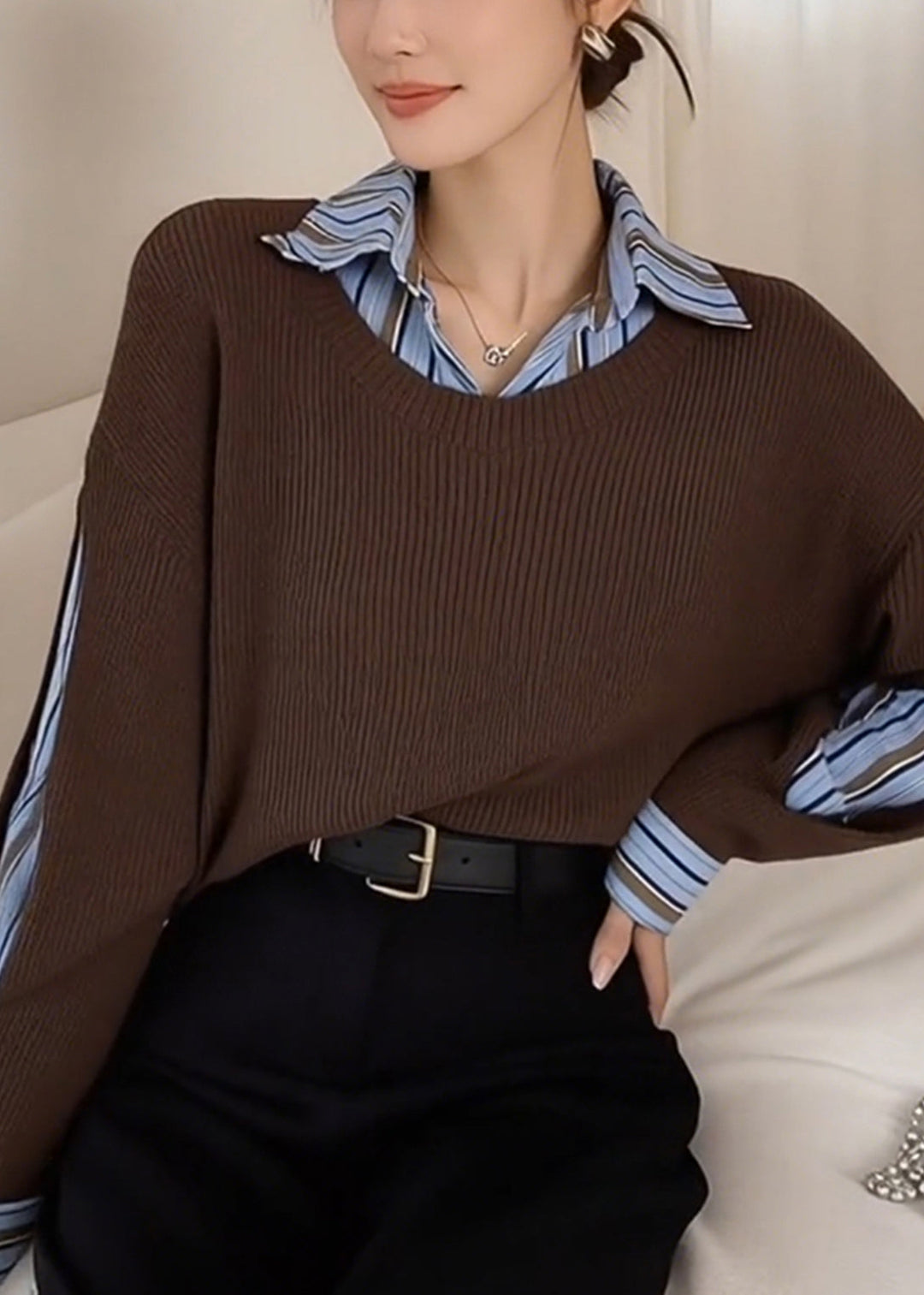 Style Brown Peter Pan Collar Patchwork Knit Fake Two Piece Shirts Winter