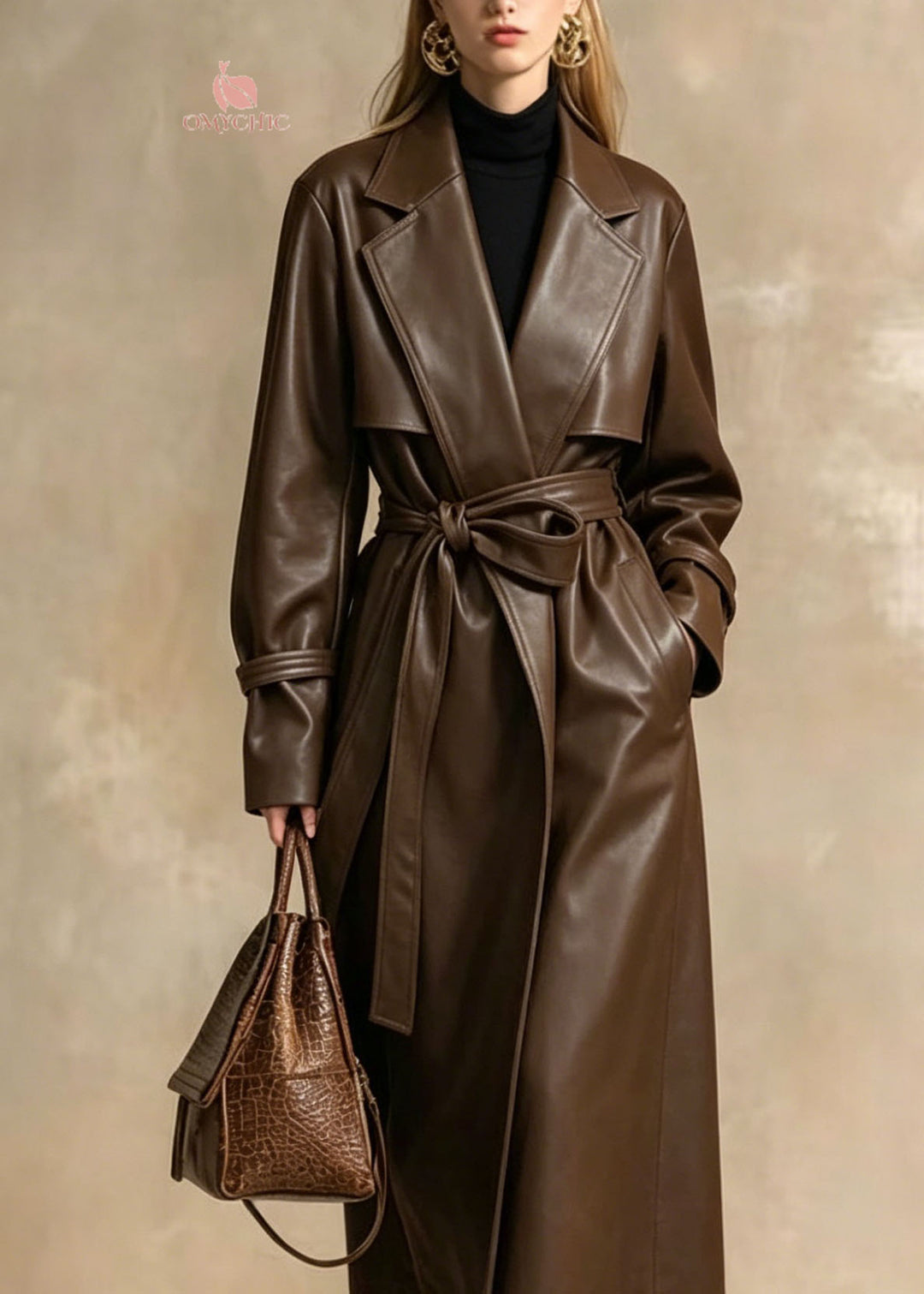 Style Brown Peter Pan Collar Pockets Lace Up Faux Leather Trench Fall