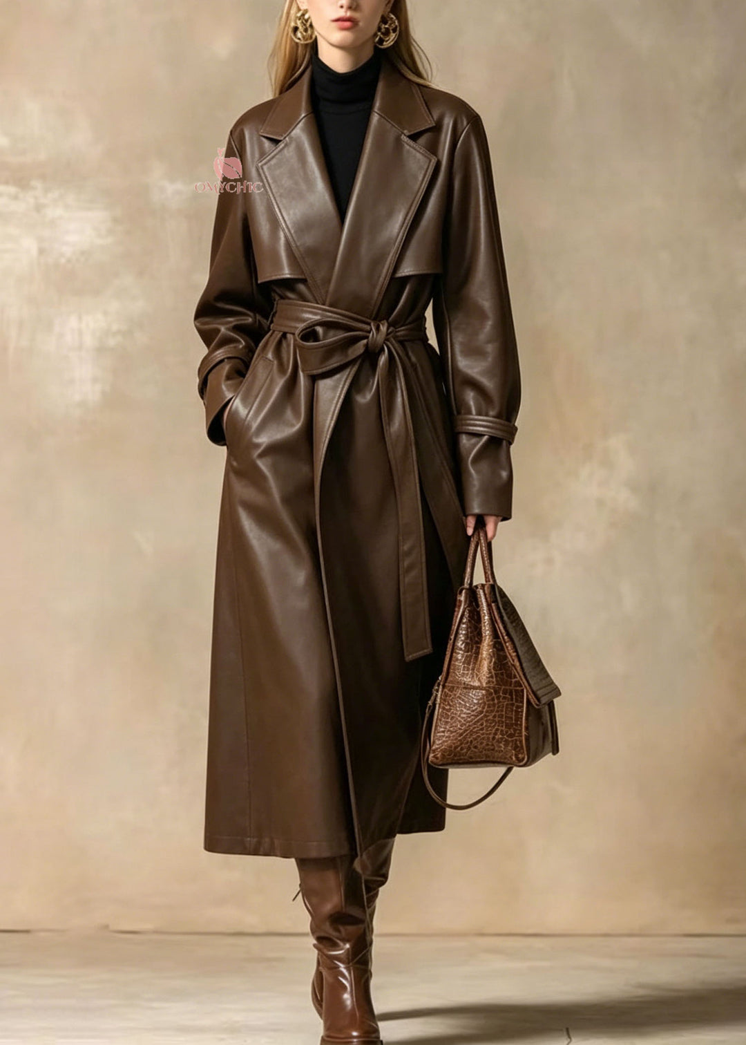 Style Brown Peter Pan Collar Pockets Lace Up Faux Leather Trench Fall