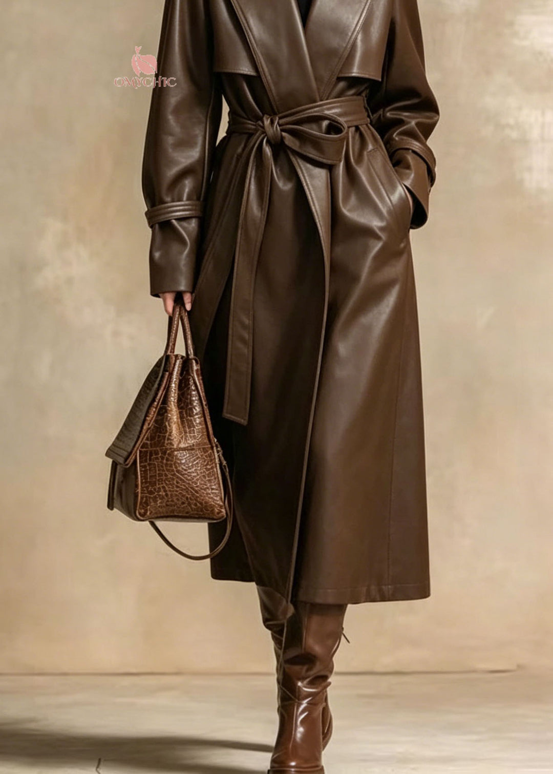 Style Brown Peter Pan Collar Pockets Lace Up Faux Leather Trench Fall