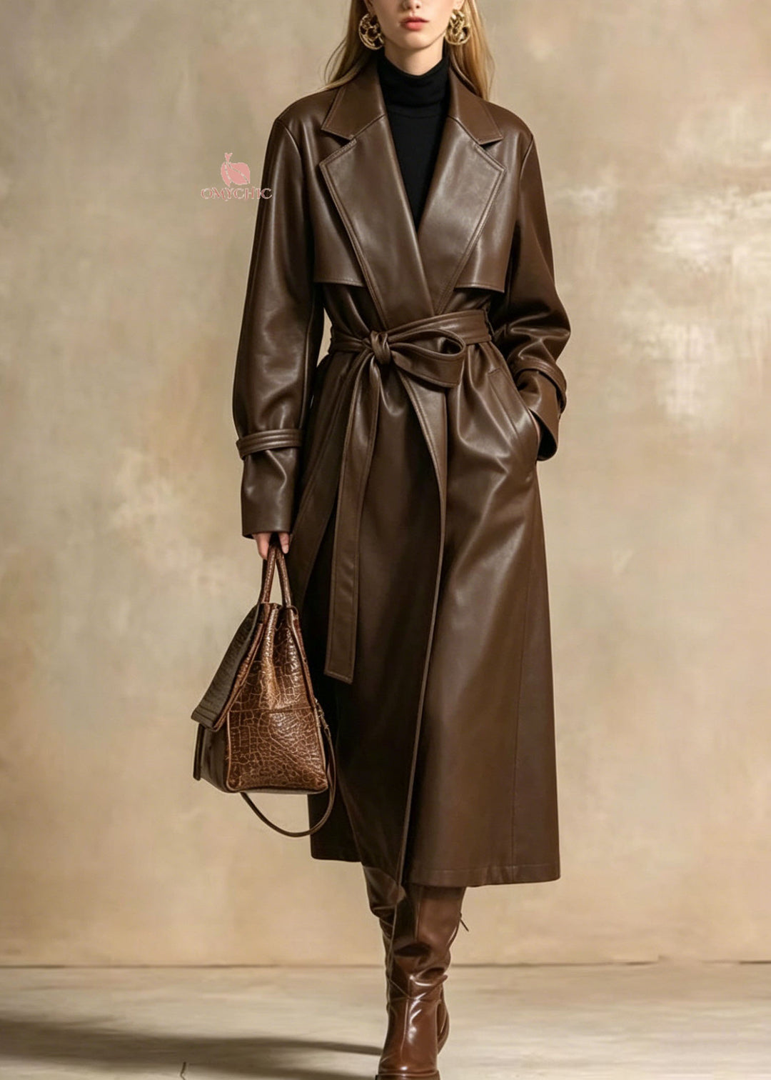 Style Brown Peter Pan Collar Pockets Lace Up Faux Leather Trench Fall