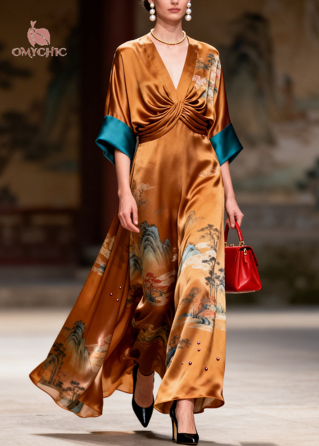 Style Brown Print Nail Bead Draping Silk Long Dress Summer