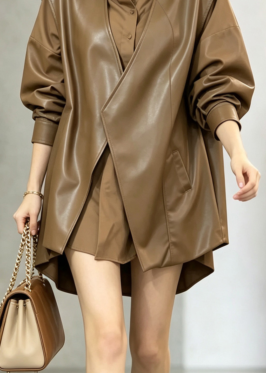 Style Brown V Neck Asymmetrical Pockets Patchwork Faux Leather Waistcoat Fall