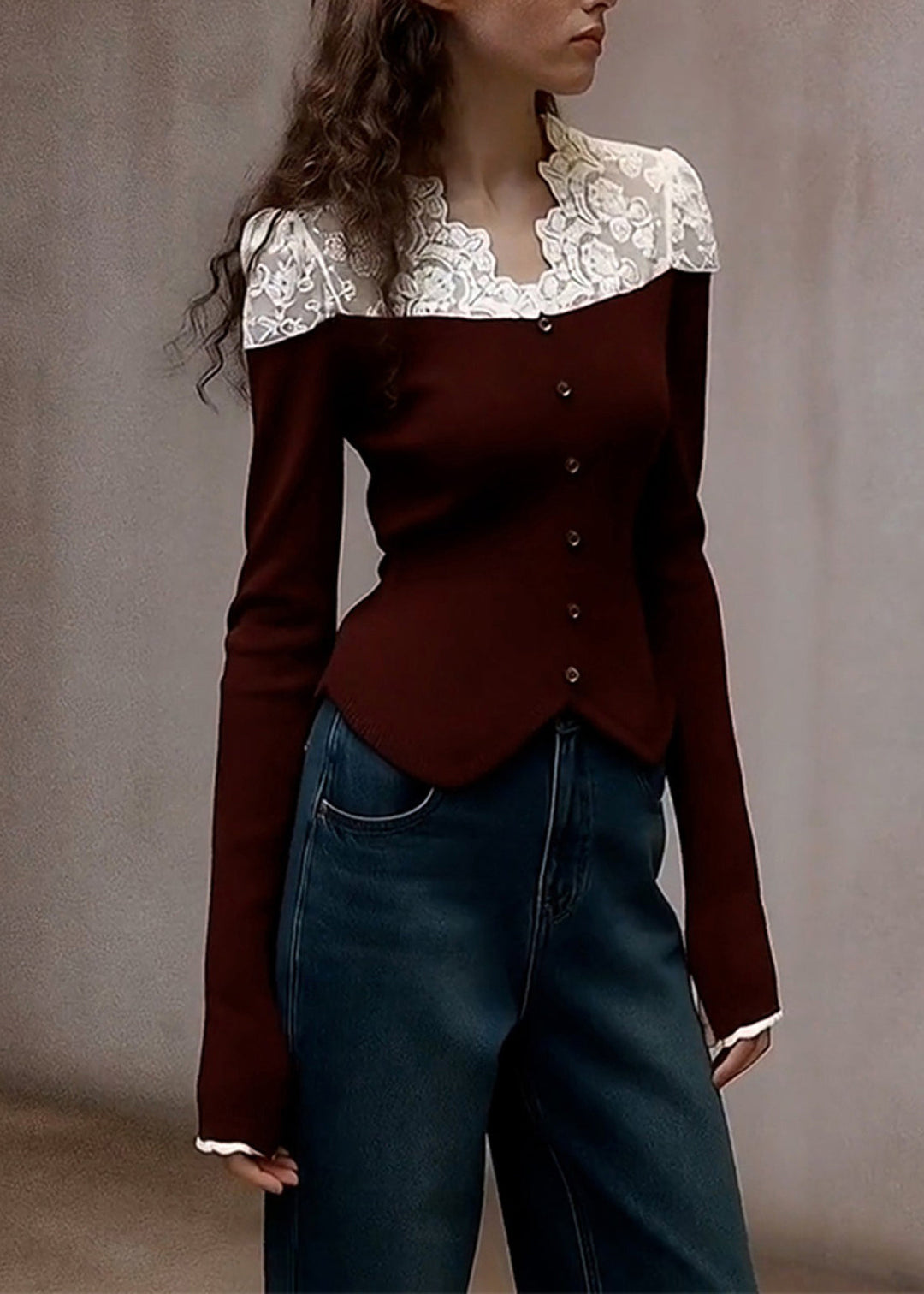 Style Brown V Neck Patchwork Lace Knit Shirts Winter