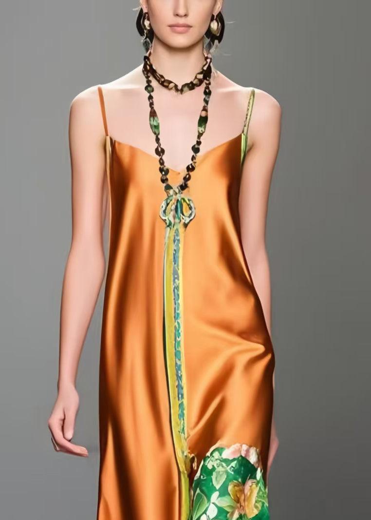 Style Caramel Print Silm Fit Silk Spaghetti Strap Dress Summer