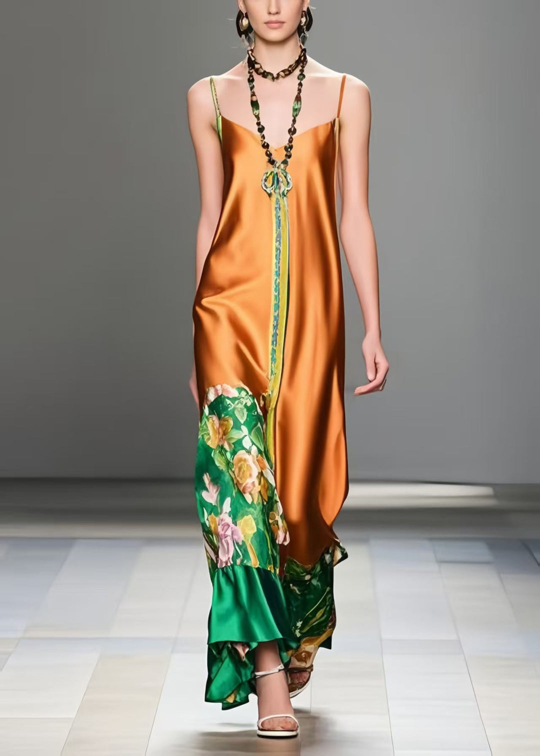 Style Caramel Print Silm Fit Silk Spaghetti Strap Dress Summer