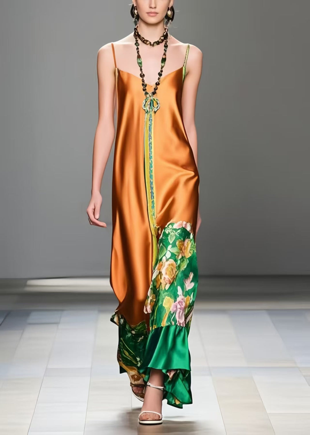 Style Caramel Print Silm Fit Silk Spaghetti Strap Dress Summer