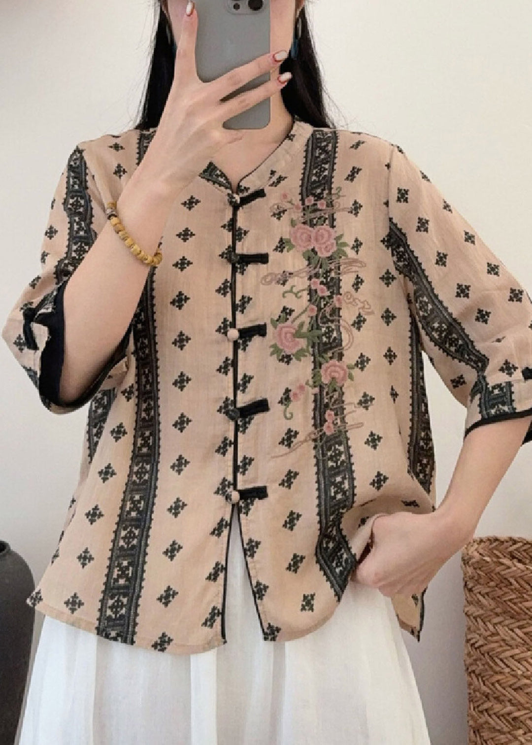 Style Champagne O-Neck Print Button Linen Shirt Half Sleeve