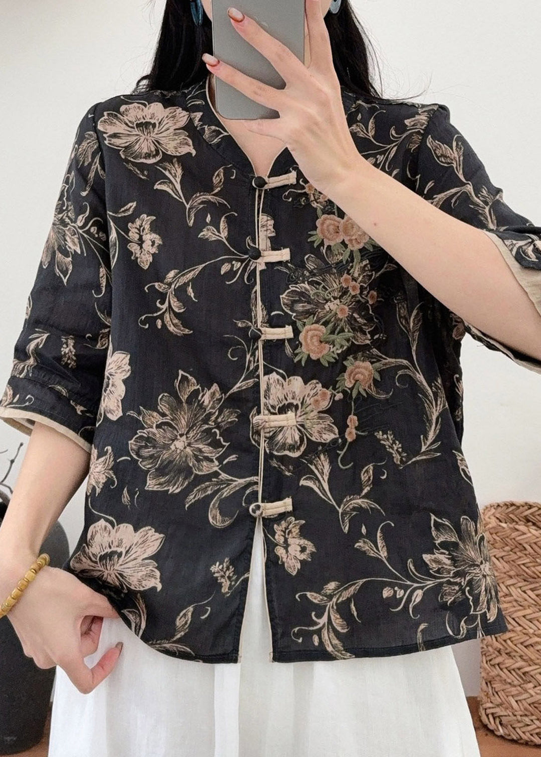 Style Champagne O-Neck Print Button Linen Shirt Half Sleeve