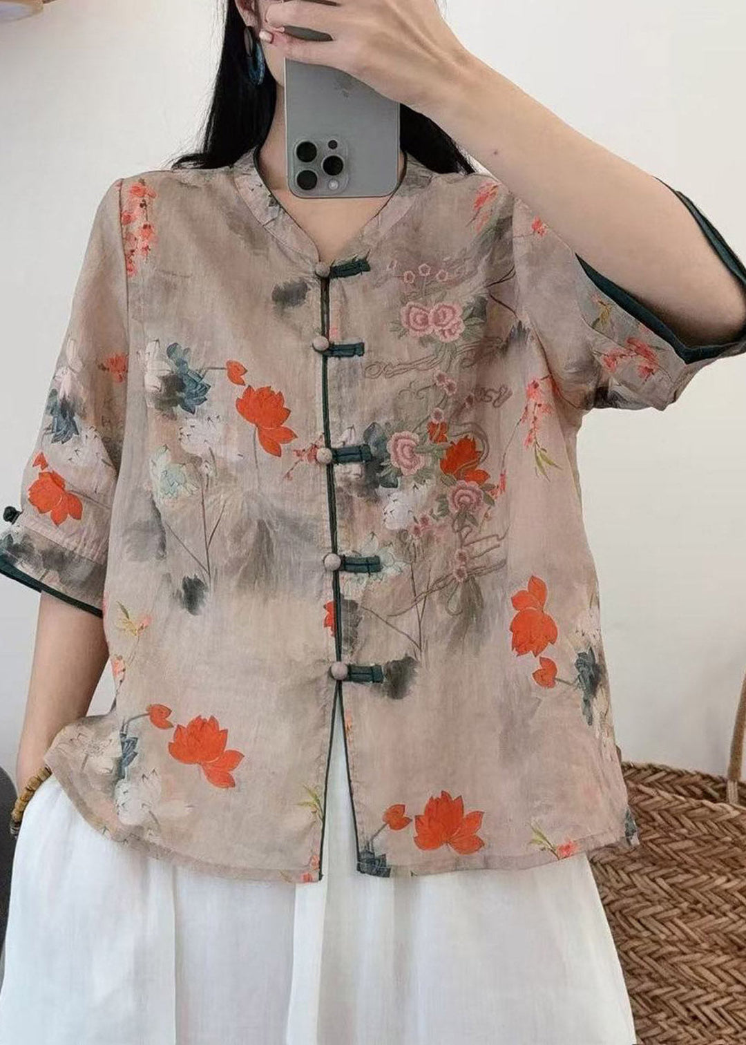 Style Champagne O-Neck Print Button Linen Shirt Half Sleeve