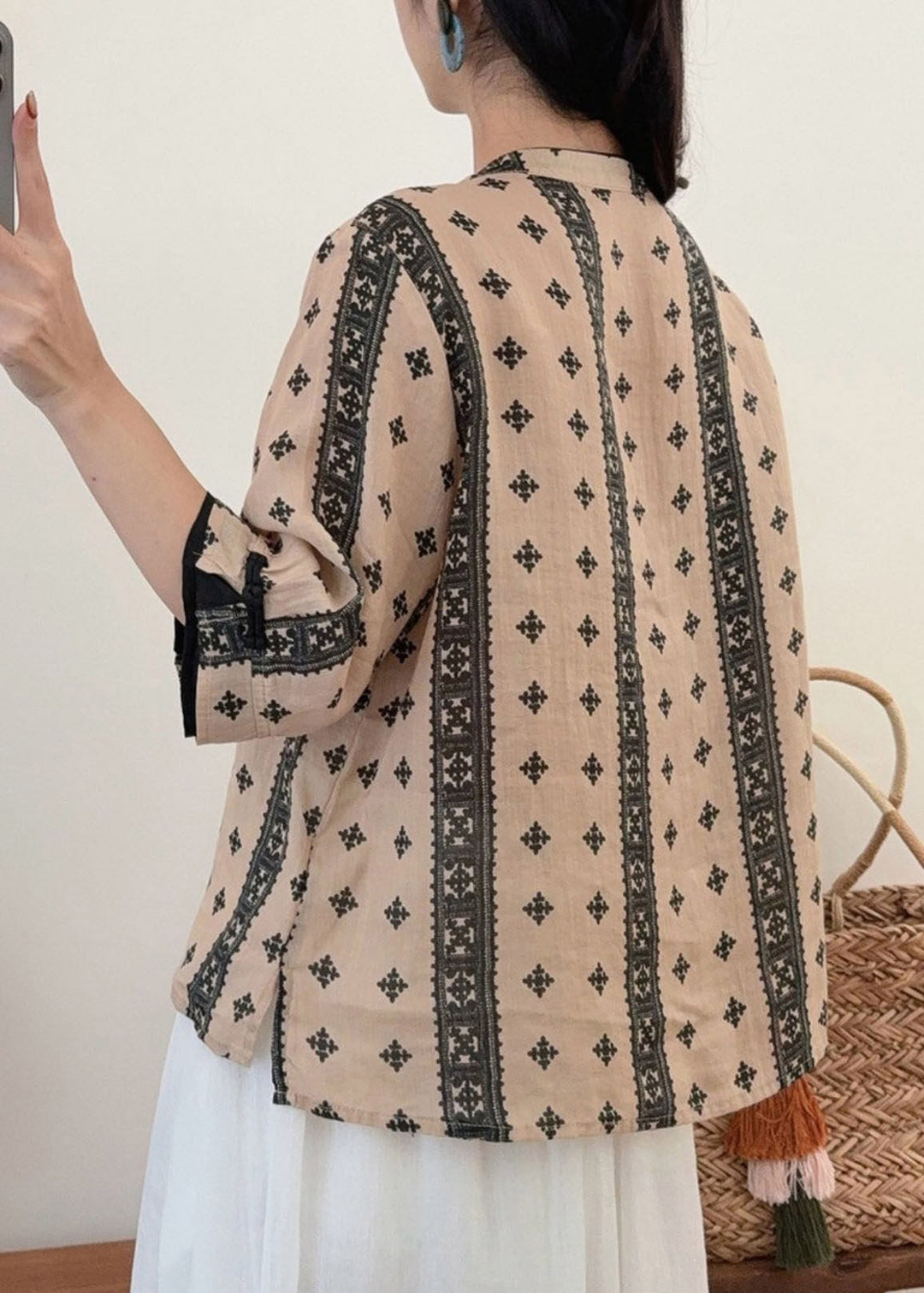 Style Champagne O-Neck Print Button Linen Shirt Half Sleeve