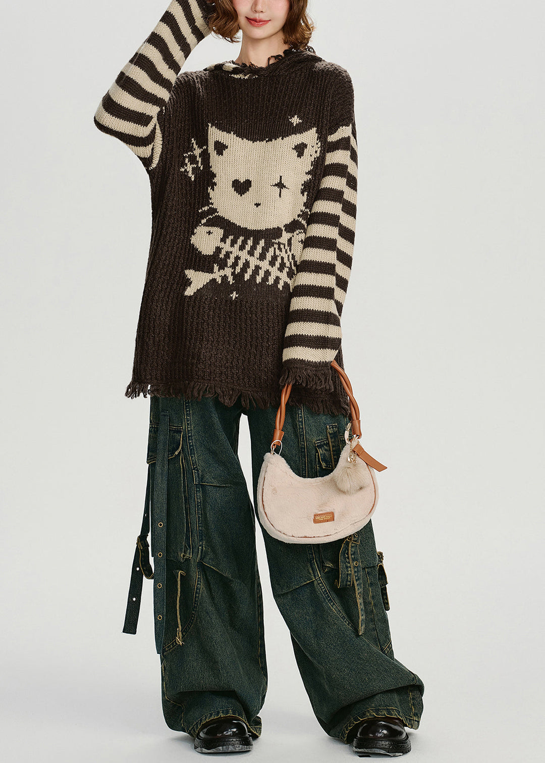 Style Choaolate Hooded Tasseled Knit Loose Sweater Winter