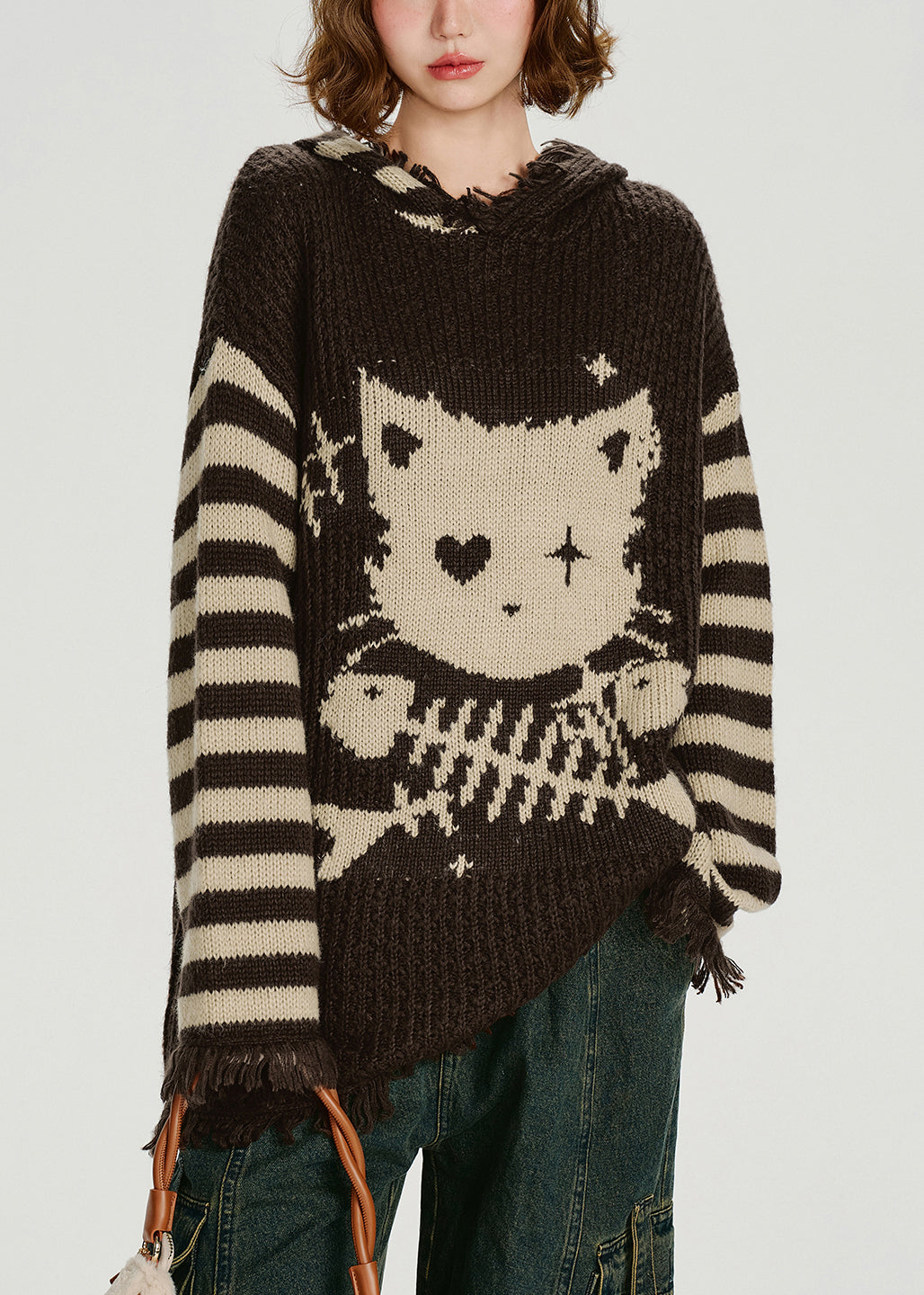 Style Choaolate Hooded Tasseled Knit Loose Sweater Winter