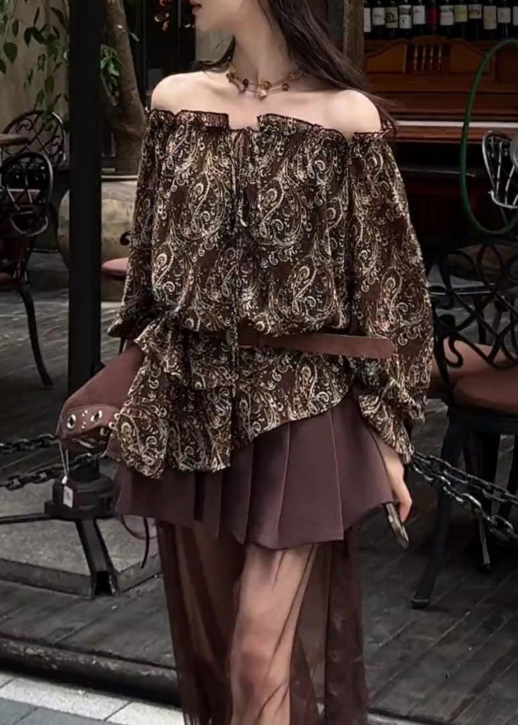 Style Chocolate Cold Shoulder Print Cotton Blouse Top Fall
