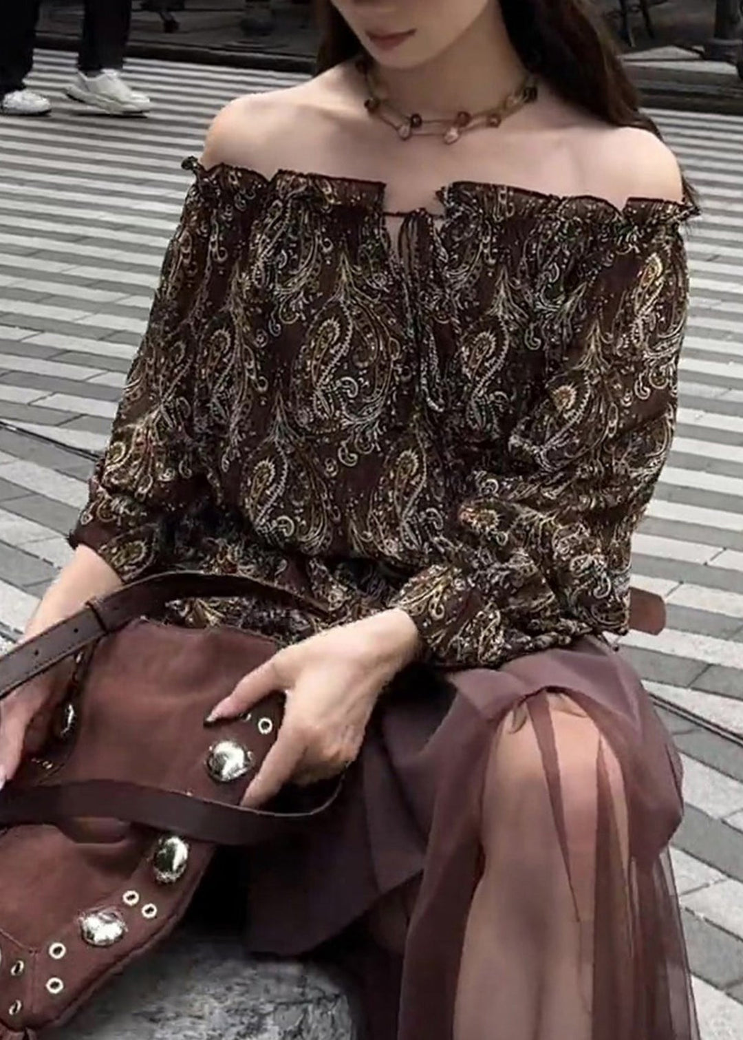 Style Chocolate Cold Shoulder Print Cotton Blouse Top Fall