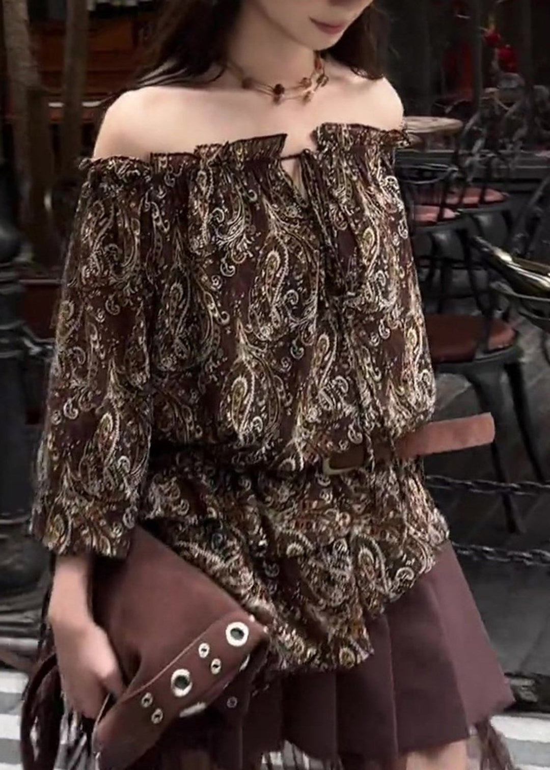 Style Chocolate Cold Shoulder Print Cotton Blouse Top Fall