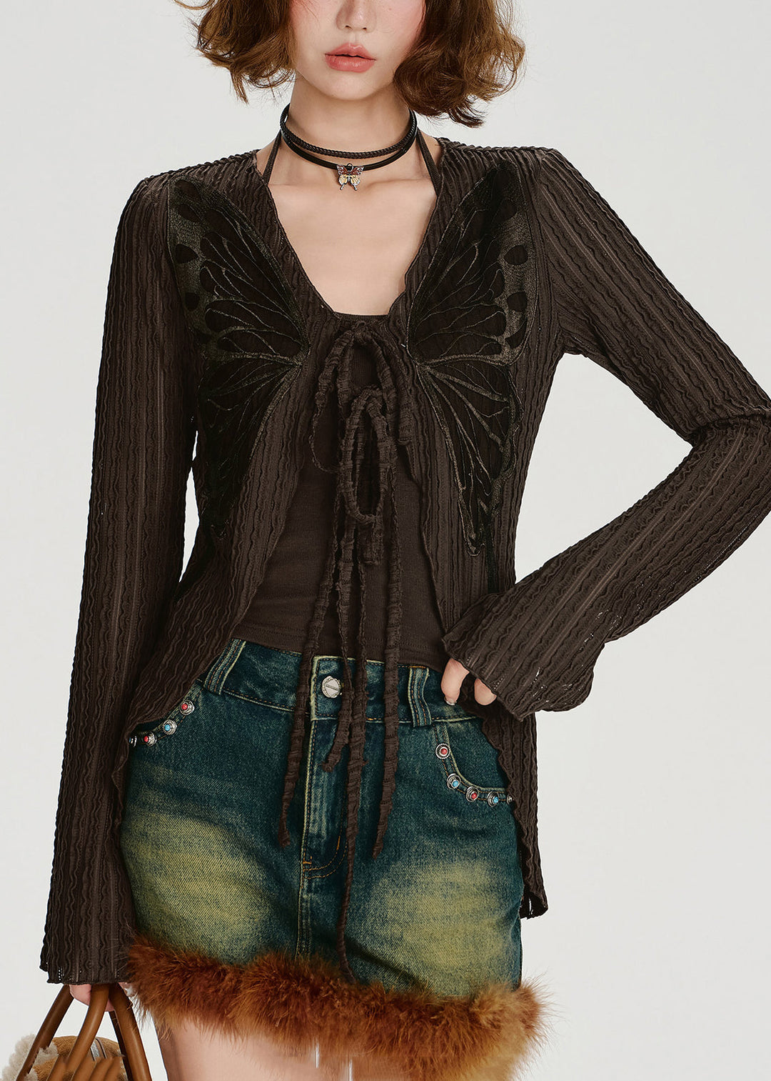 Style Chocolate Lace Up Butterfly Cotton Cardigans Spring