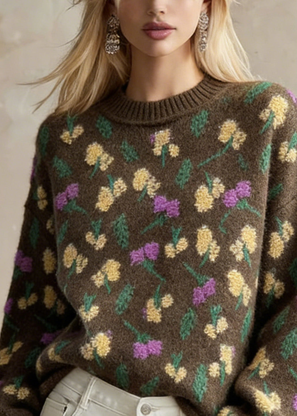 Style Chocolate O-Neck Oversized Thick Jacquard Knit Sweaters Winter