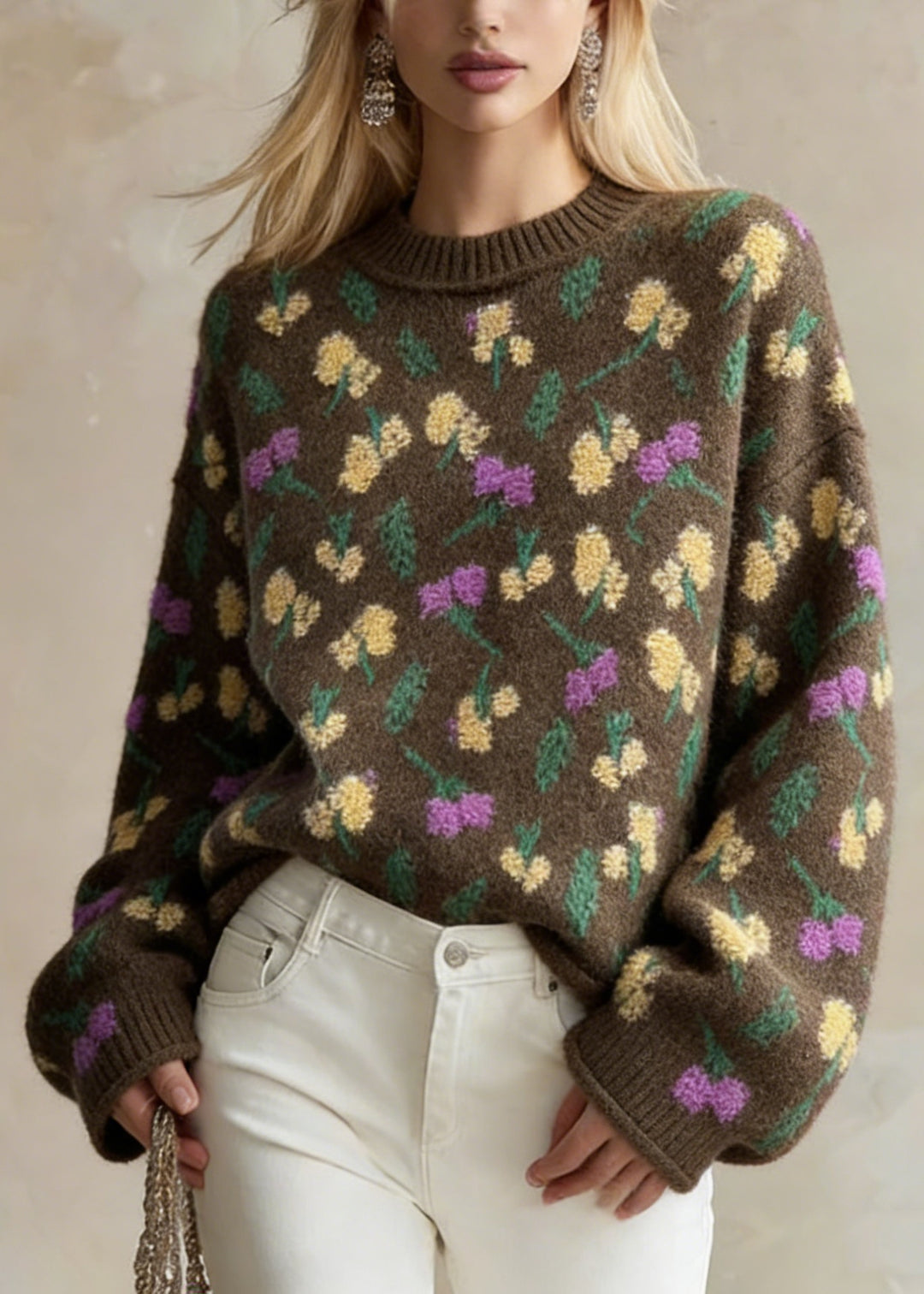 Style Chocolate O-Neck Oversized Thick Jacquard Knit Sweaters Winter