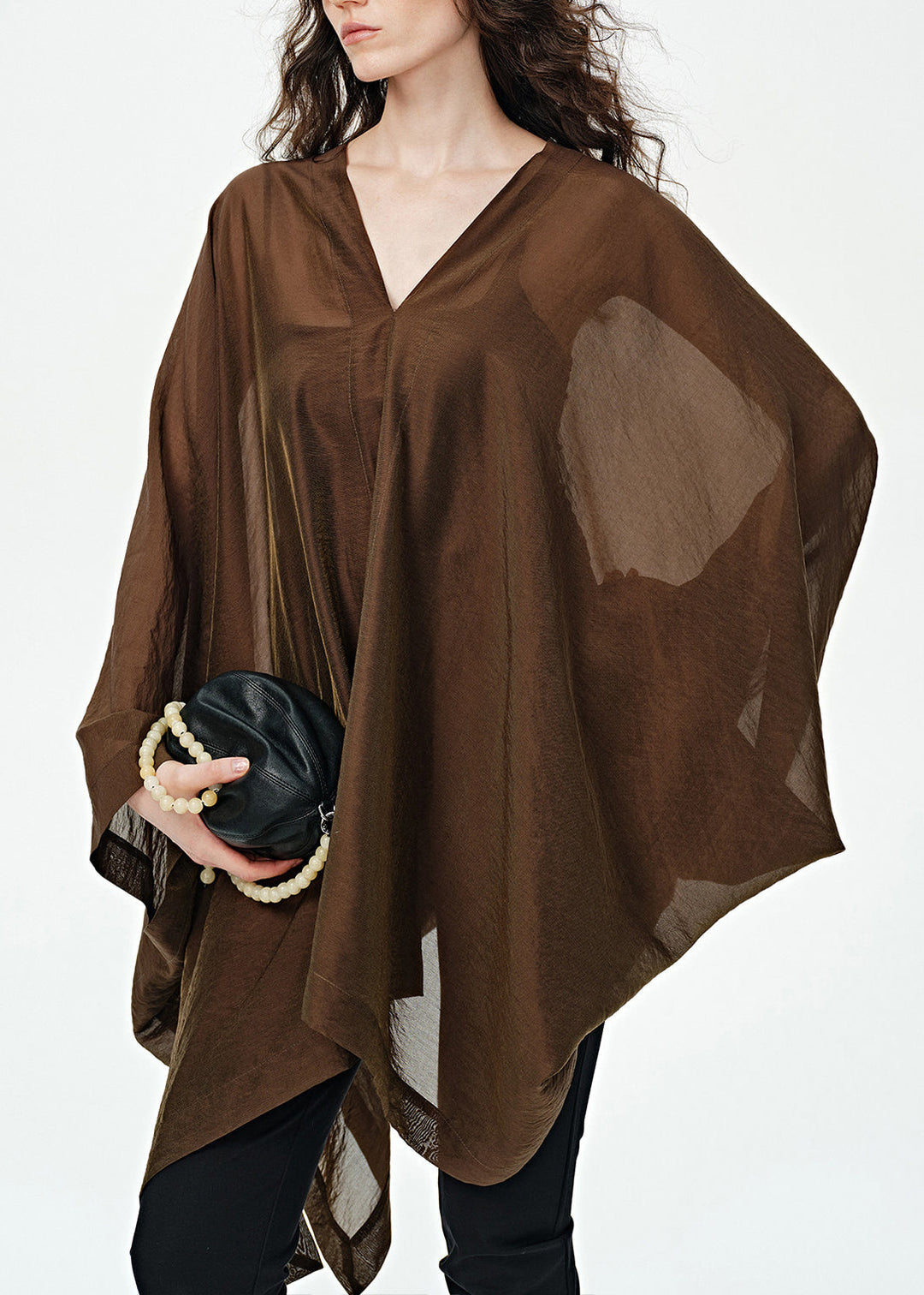 Style Coffee Asymmetrical Design V Neck Silk Loose Dress Summer