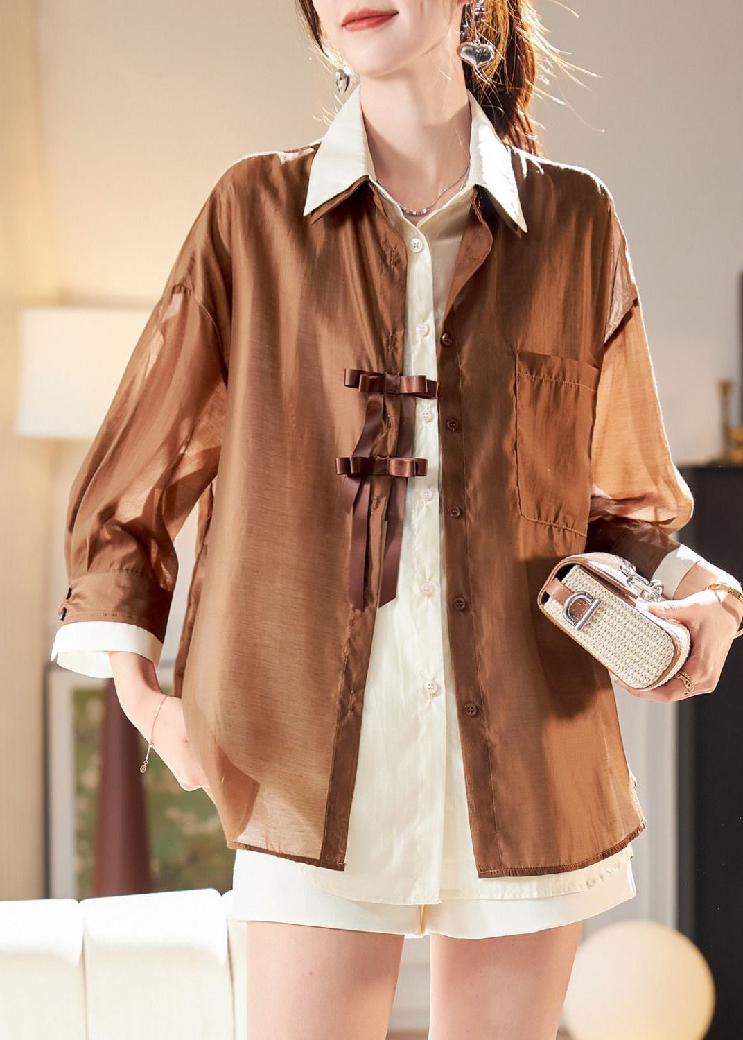 Style Coffee False Two Pieces Patchwork Chiffon Top Summer