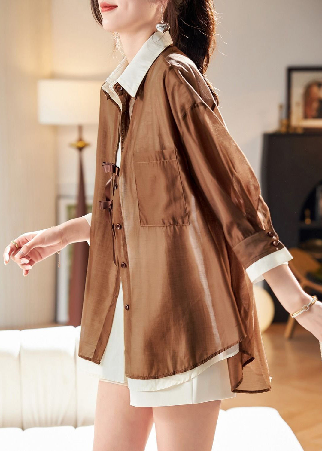 Style Coffee False Two Pieces Patchwork Chiffon Top Summer
