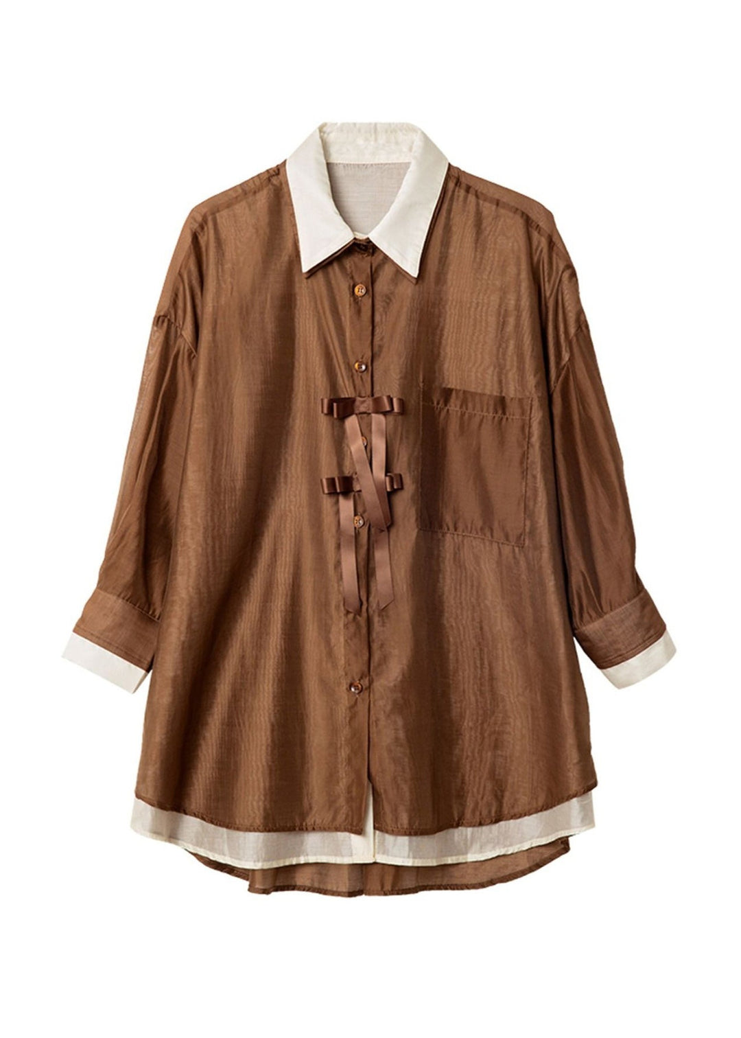 Style Coffee False Two Pieces Patchwork Chiffon Top Summer