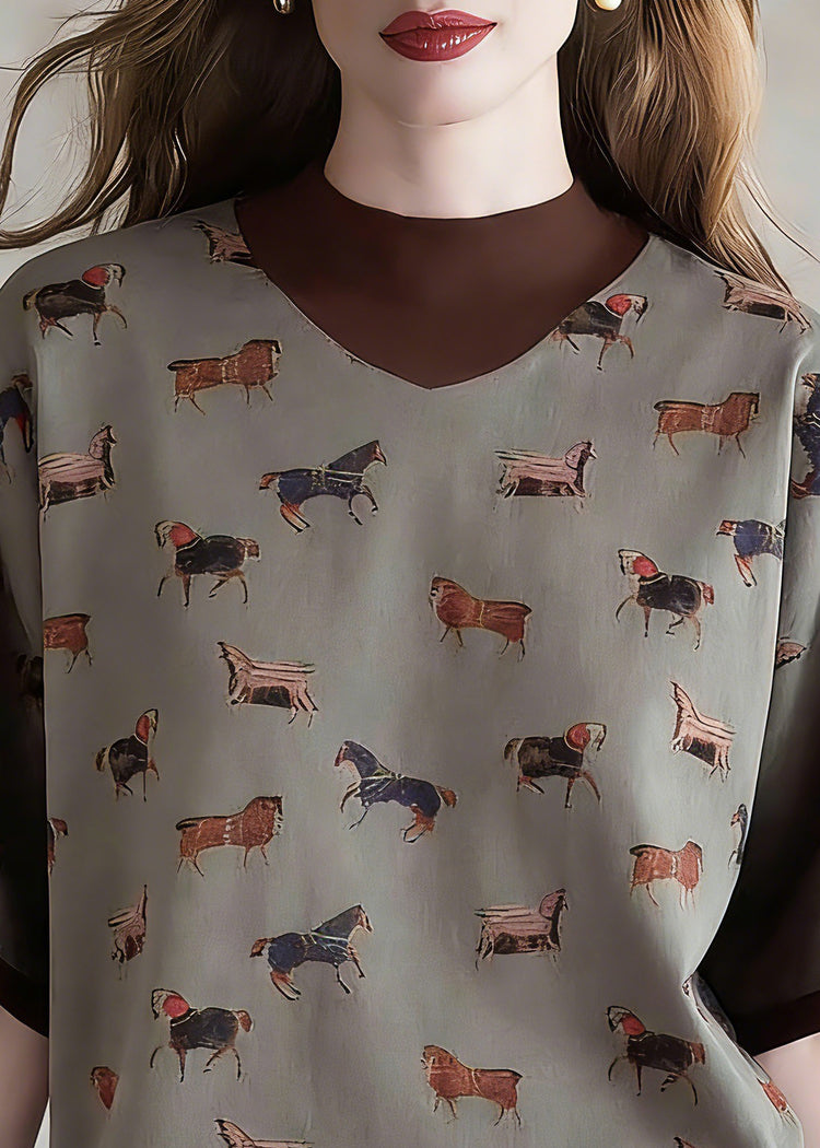 Style Coffee Print Fake Two-Piece Top Short Sleeve - Omychic