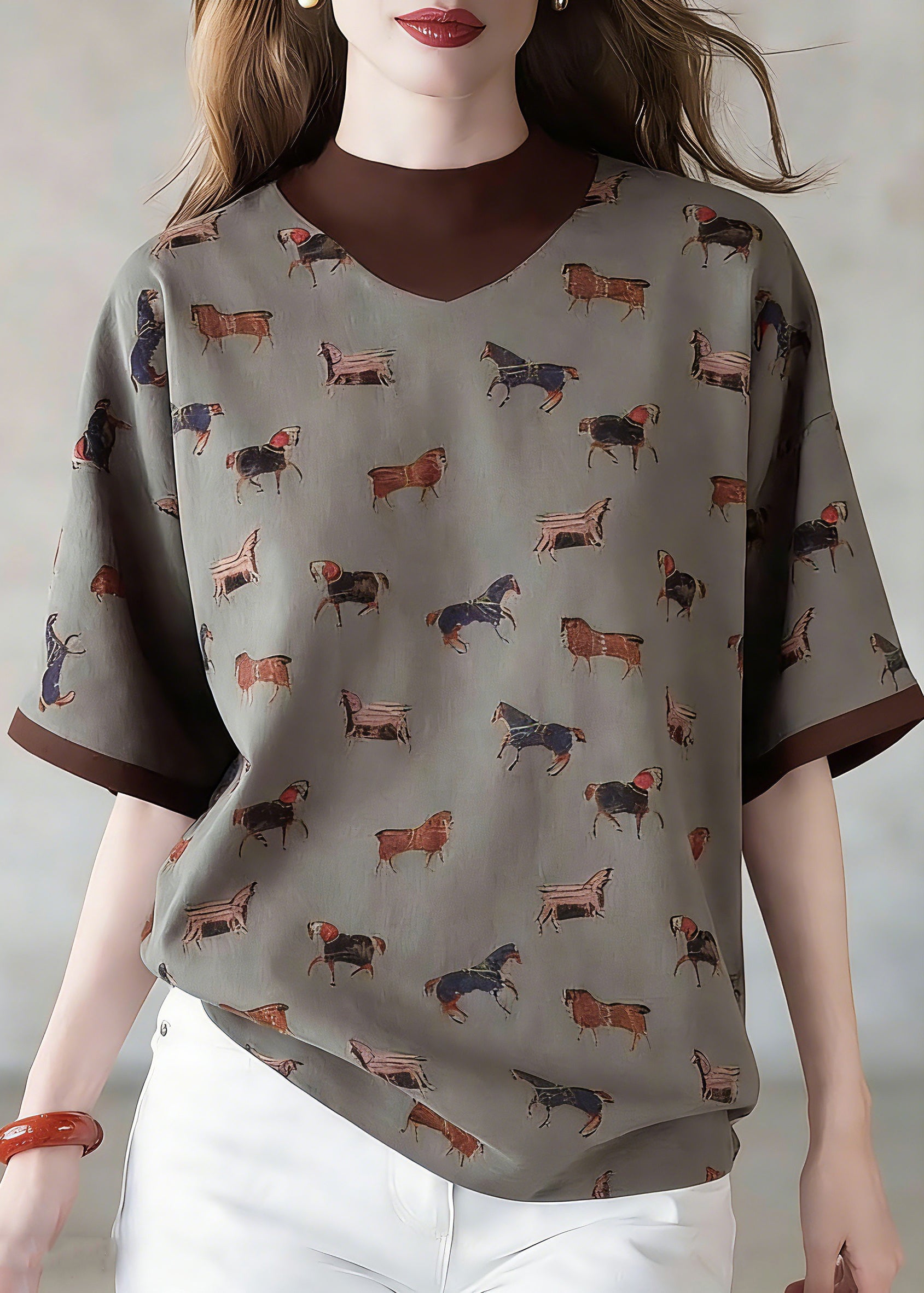 Style Coffee Print Fake Two-Piece Top Short Sleeve - Omychic