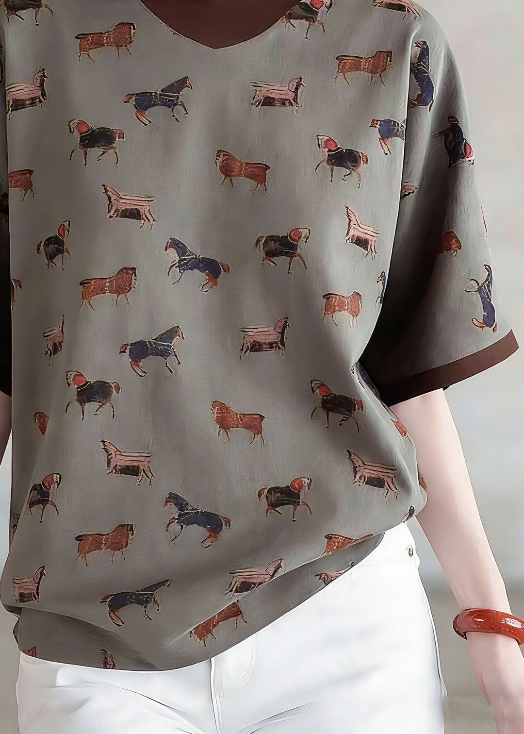 Style Coffee Print Fake Two-Piece Top Short Sleeve - Omychic