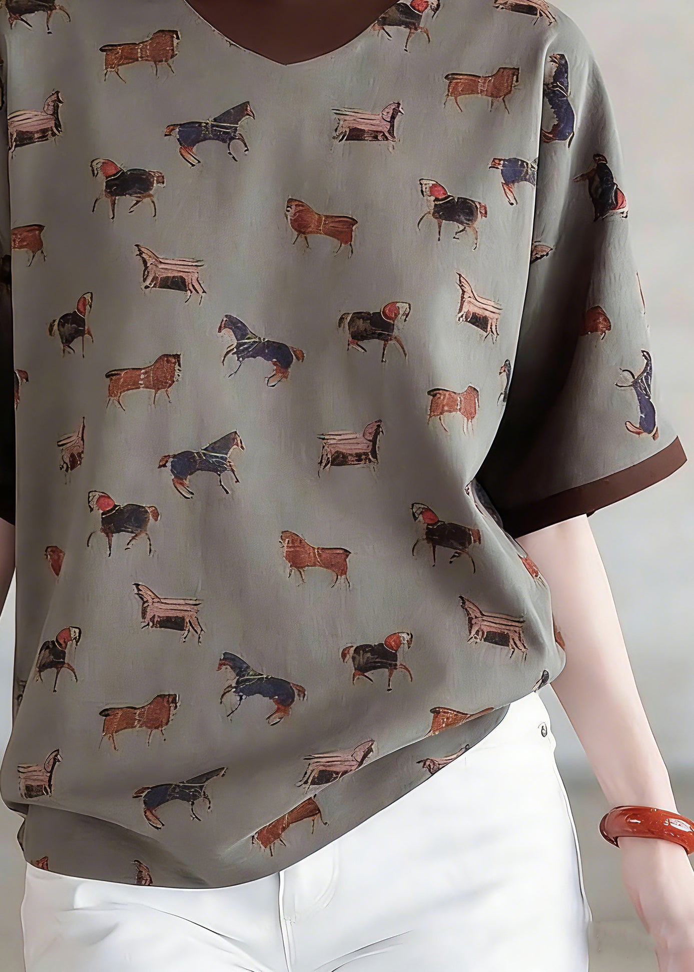 Style Coffee Print Fake Two-Piece Top Short Sleeve - Omychic